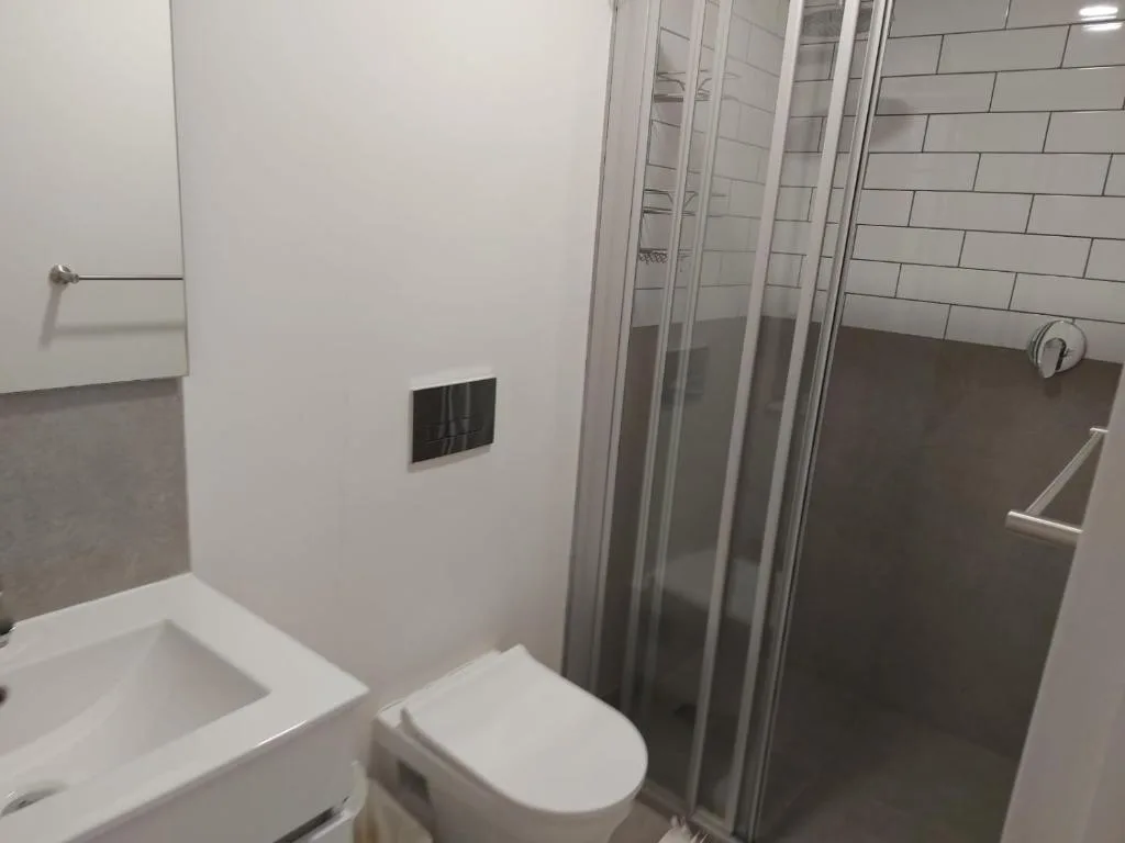 Modern bathroom with toilet, sink, and walk-in shower enclosure