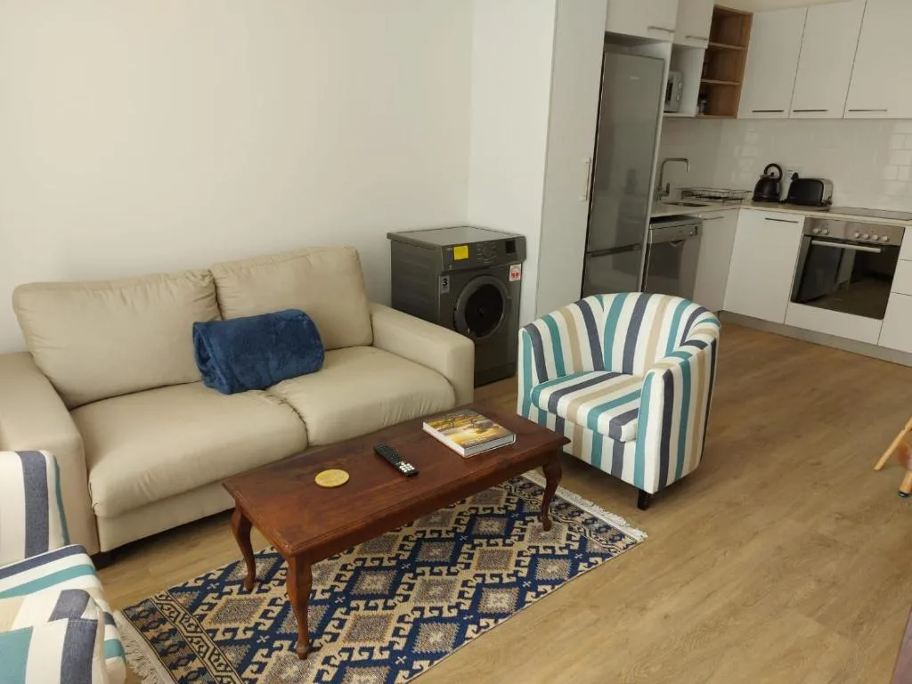 Open-plan lounge with cream sofa, striped armchair, wooden coffee table, and kitchen visible behind