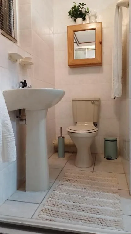Clean bathroom with pedestal sink, toilet, wooden mirror cabinet, and towel rack
