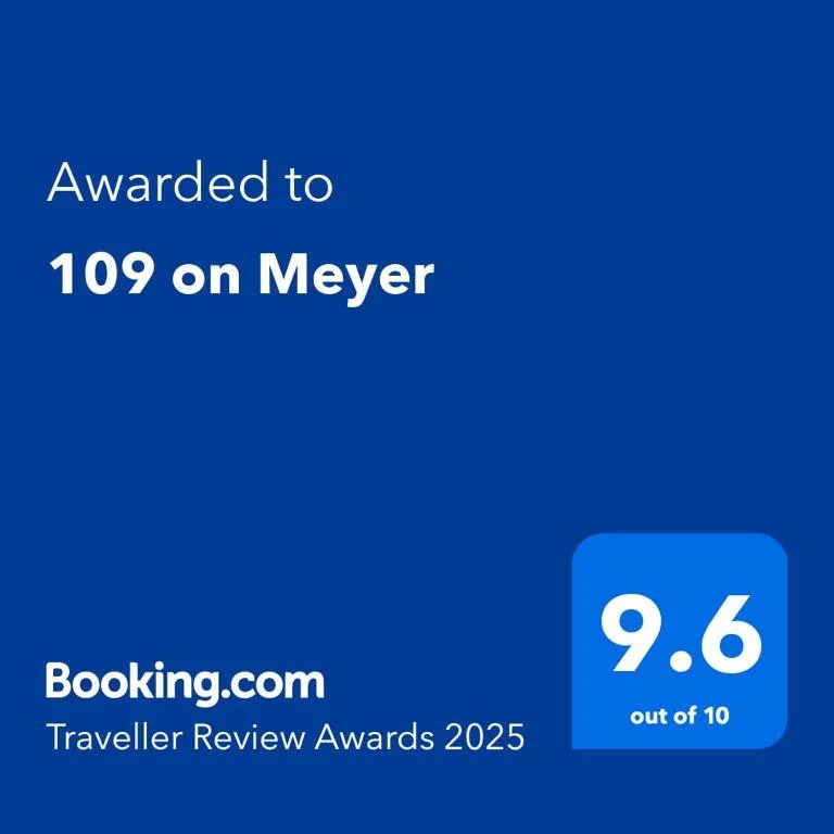 Booking.com award certificate showing 9.6 rating for 109 on Meyer property