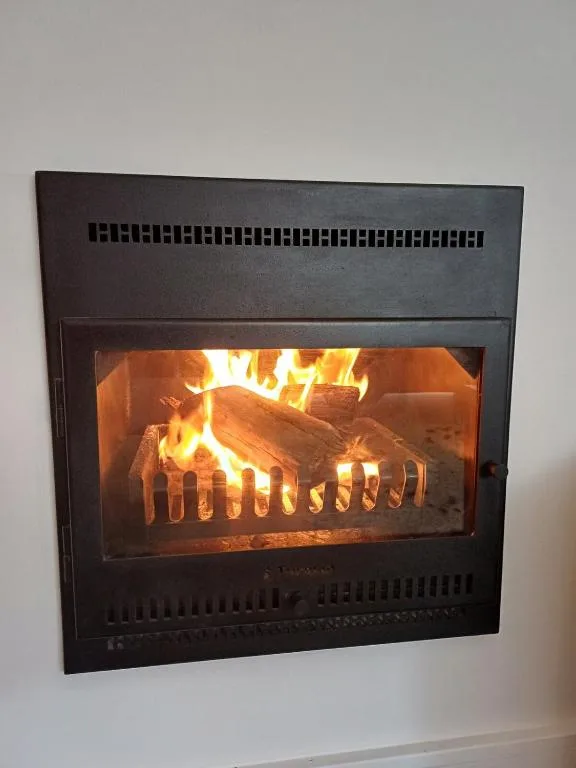 Black fireplace insert with active fire and logs burning brightly inside