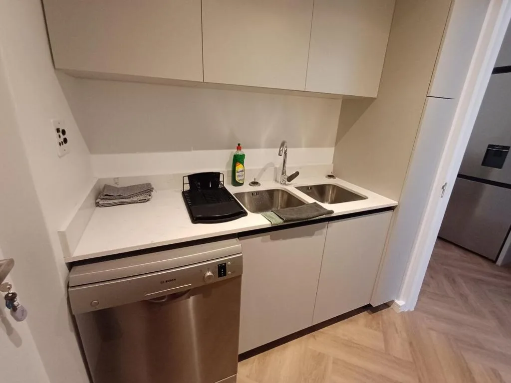 Modern kitchen with white cabinetry, stainless steel sink, and dishwasher appliance