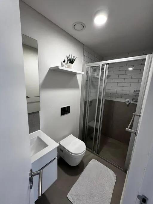 Modern bathroom with toilet, sink, shower enclosure and shelving