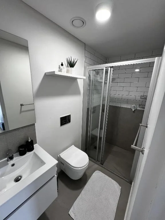 Modern bathroom with white vanity, wall-mounted toilet, and glass shower enclosure