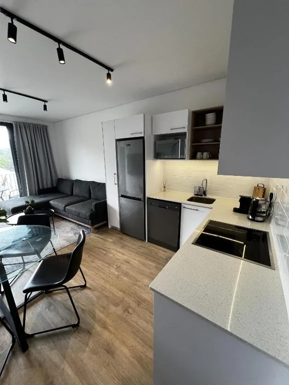 Modern open-plan kitchen with white cabinetry and black appliances