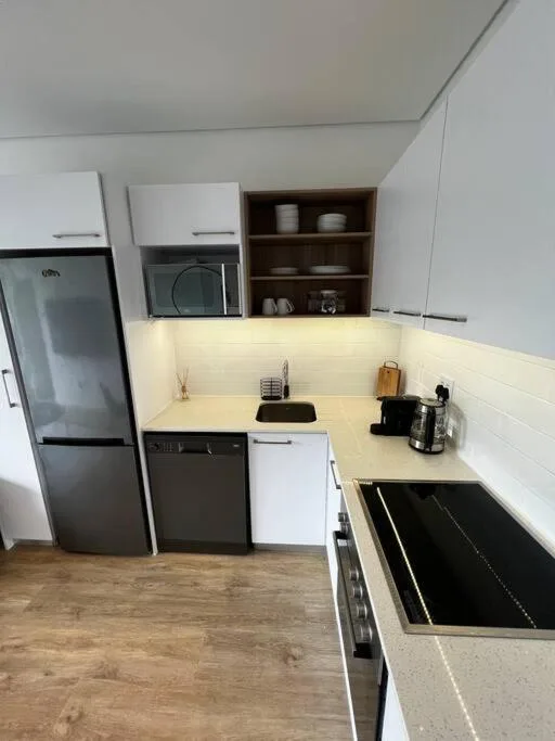 Modern kitchen with electric stovetop, sink, refrigerator, and open shelving