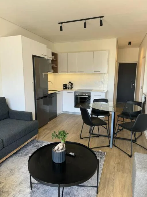 Modern lounge with gray sofa and black round coffee table in open-plan apartment