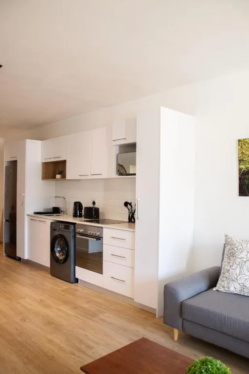 Modern white kitchen with stove, oven, and cabinetry in open-plan apartment