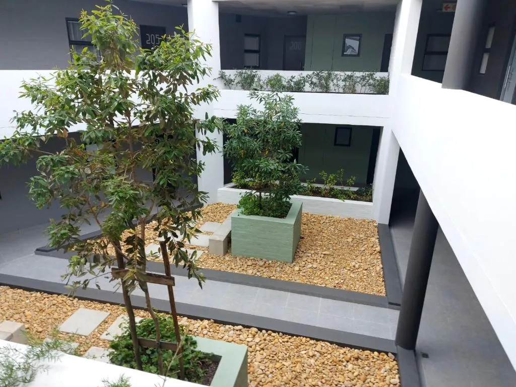 Modern white apartment building courtyard with planted trees and gravel landscaping