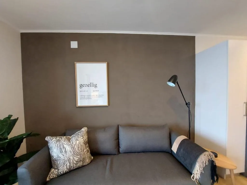 Modern lounge with grey sofa, decorative pillows, and minimalist wall art