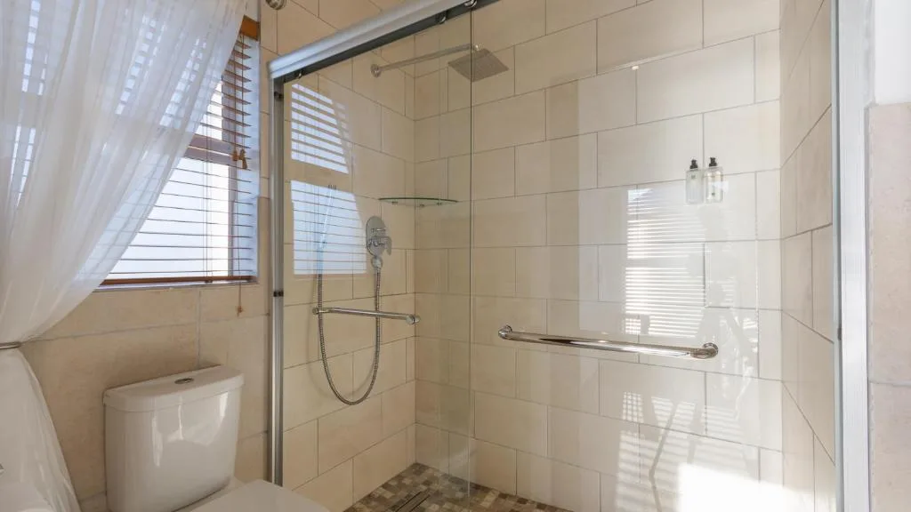 Modern bathroom with walk-in shower, toilet, and bright natural light from windows