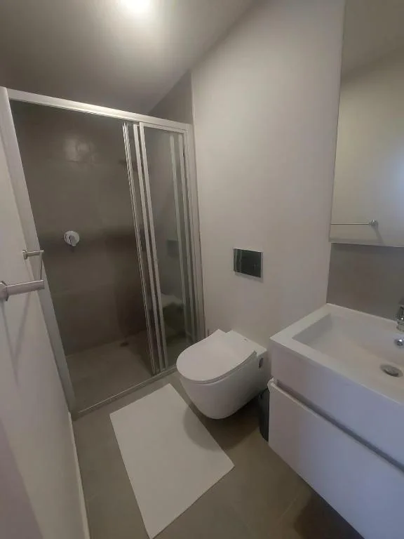 Modern bathroom with shower enclosure, toilet, and vanity sink