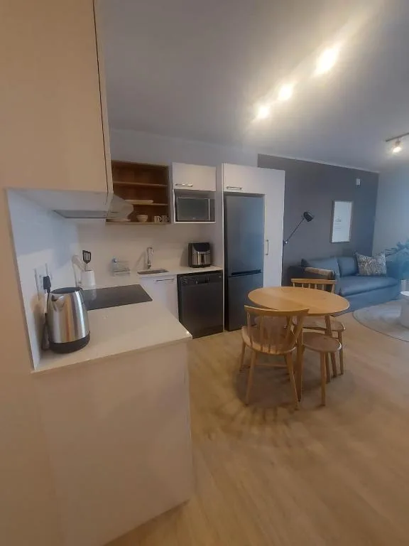 Modern open-plan kitchen with stainless steel appliances and wooden dining table