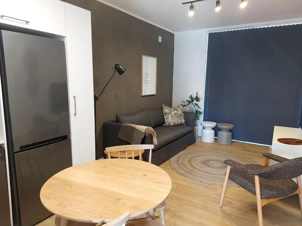 Open-plan living area with dark sofa, wooden dining table, and kitchen appliances
