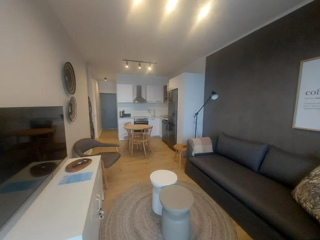 Open-plan lounge with black sofa, TV, and modern furnishings throughout