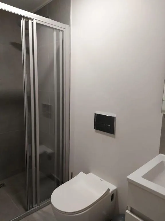 Modern bathroom with enclosed shower cubicle and white toilet fixture