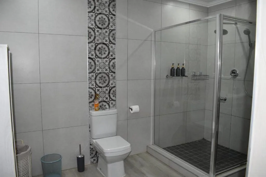 Modern bathroom with walk-in shower, toilet, and decorative tile accent strip