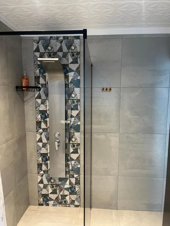 Modern walk-in shower with geometric patterned accent tile and rainfall showerhead