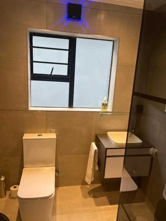 Modern bathroom with toilet, vanity sink, and window with black frames