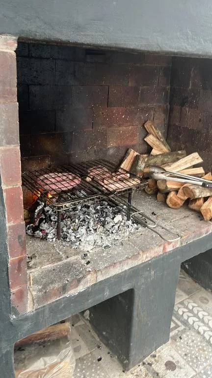 Built-in brick braai with grill grate, firewood, and ash residue