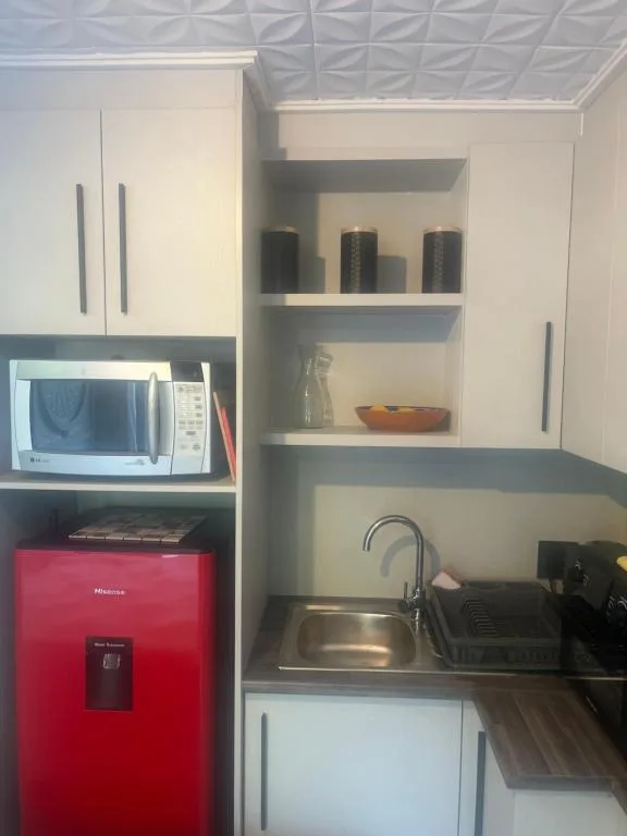 Compact modern kitchen with red fridge, microwave, and stainless sink