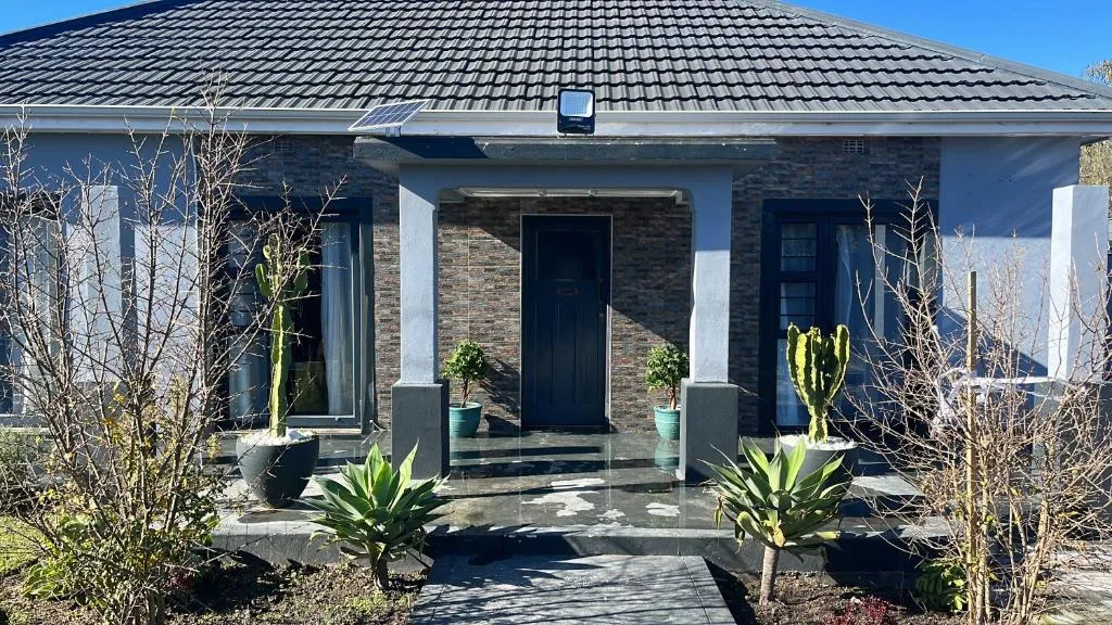 Modern single-story home with dark tile roof and brick facade entrance