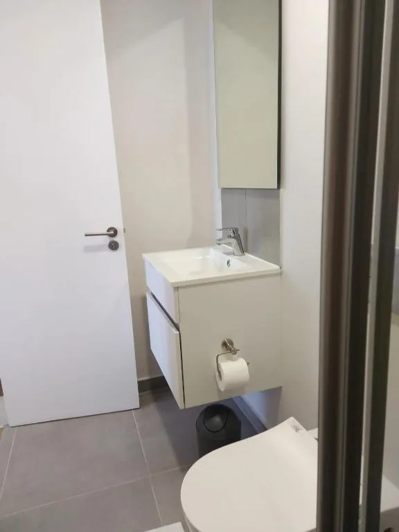 Modern bathroom with white vanity sink, mirror, and toilet fixture
