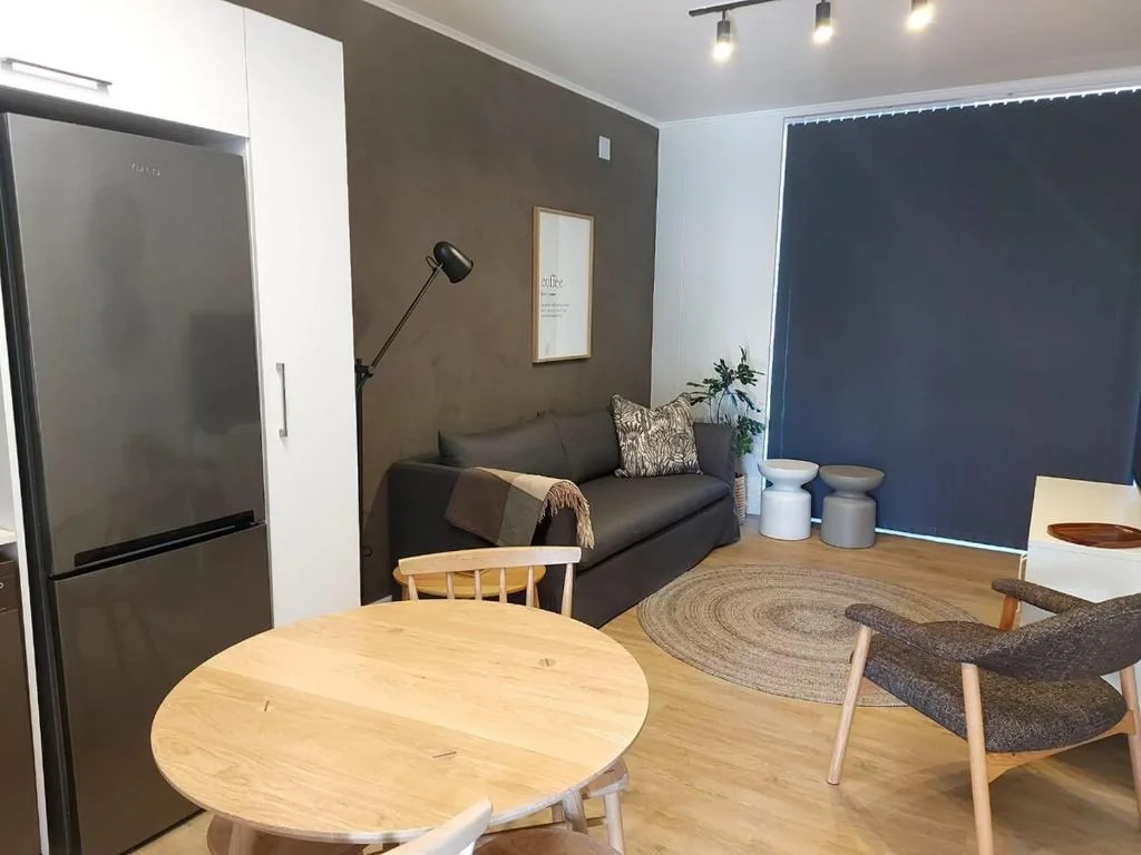 Open-plan living area with sofa, dining table, and modern kitchen appliances