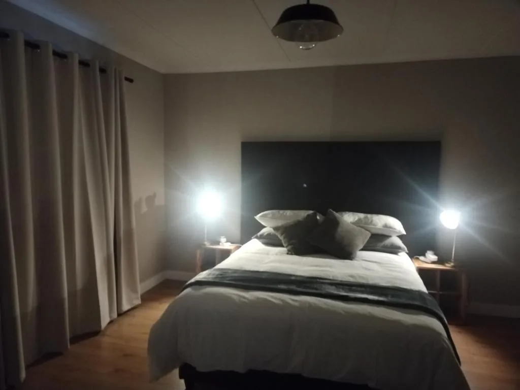 Modern bedroom with queen bed, dark headboard, and contemporary lighting fixtures