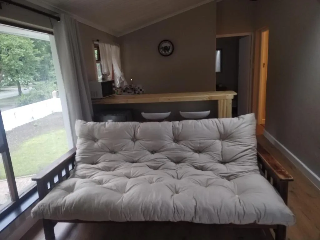 Open-plan lounge with gray futon sofa and garden views through large windows