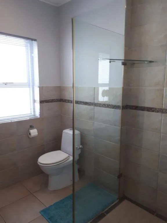 Modern bathroom with walk-in shower, toilet, and window with natural light