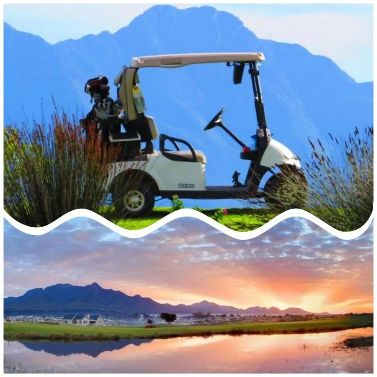 Golf cart with mountain backdrop and scenic sunset valley landscape view