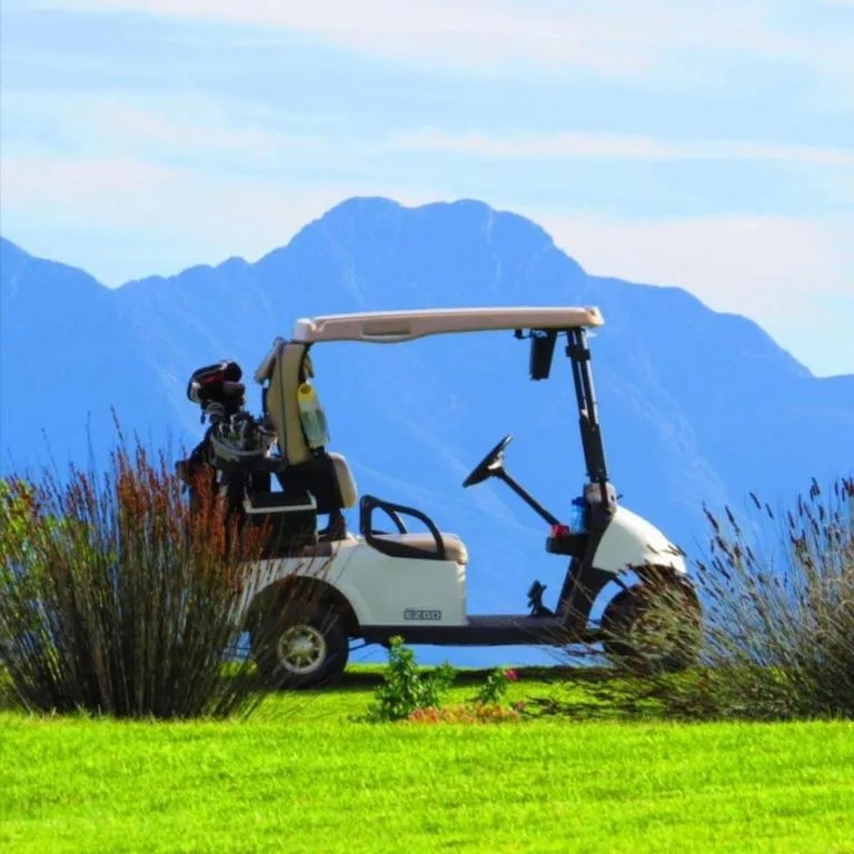 Golf cart on manicured lawn with dramatic mountain backdrop and water