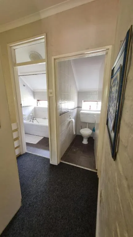 Compact bathroom with toilet, sink, and shower area visible through open door