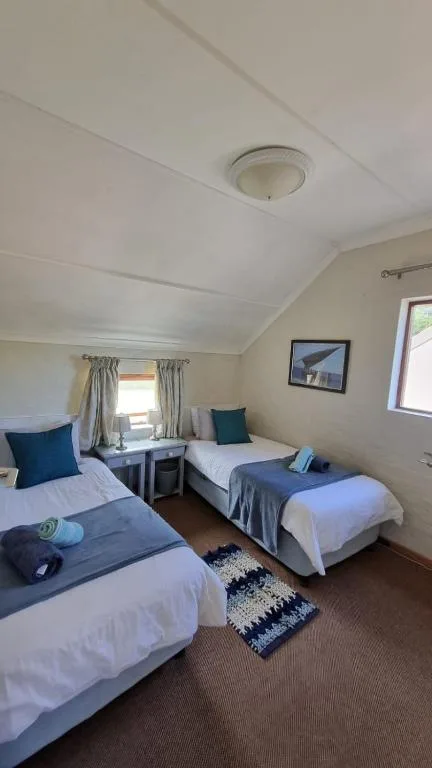 Twin bedroom with white bedding, blue accents, and natural light from windows