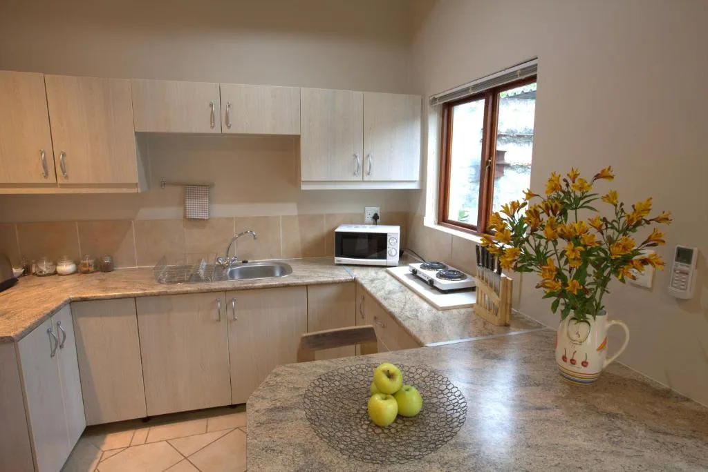 Modern kitchen with light wood cabinetry, granite countertops, and garden views