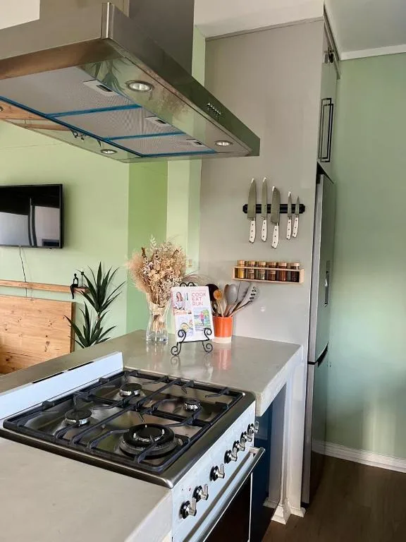 Modern kitchen with gas stove, stainless steel hood, and sage green walls