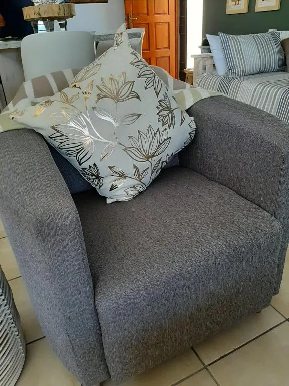 Gray upholstered armchair with patterned throw pillow in living room