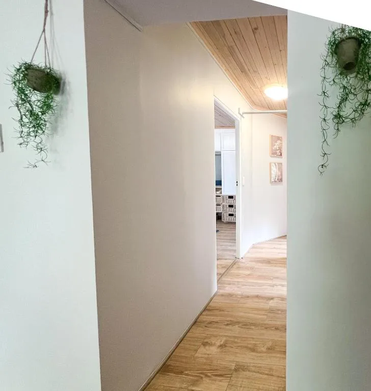 Modern hallway with wooden flooring and hanging green plants