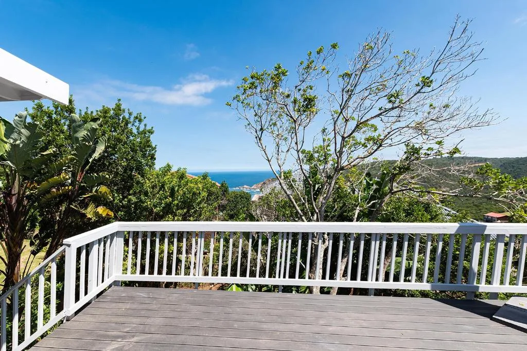 Ocean and coastal landscape view from elevated deck with white railings