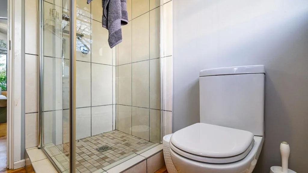 Modern bathroom with glass shower enclosure and white toilet fixture