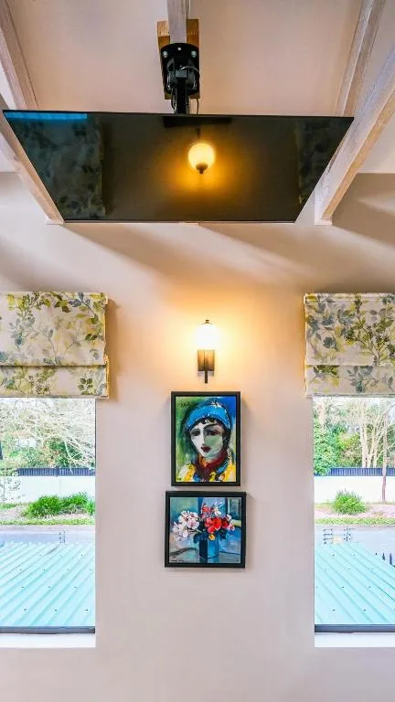 Modern ceiling feature with framed artwork and decorative lighting fixtures
