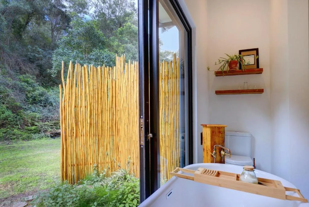 Modern bathroom with wooden accents and garden view through large windows