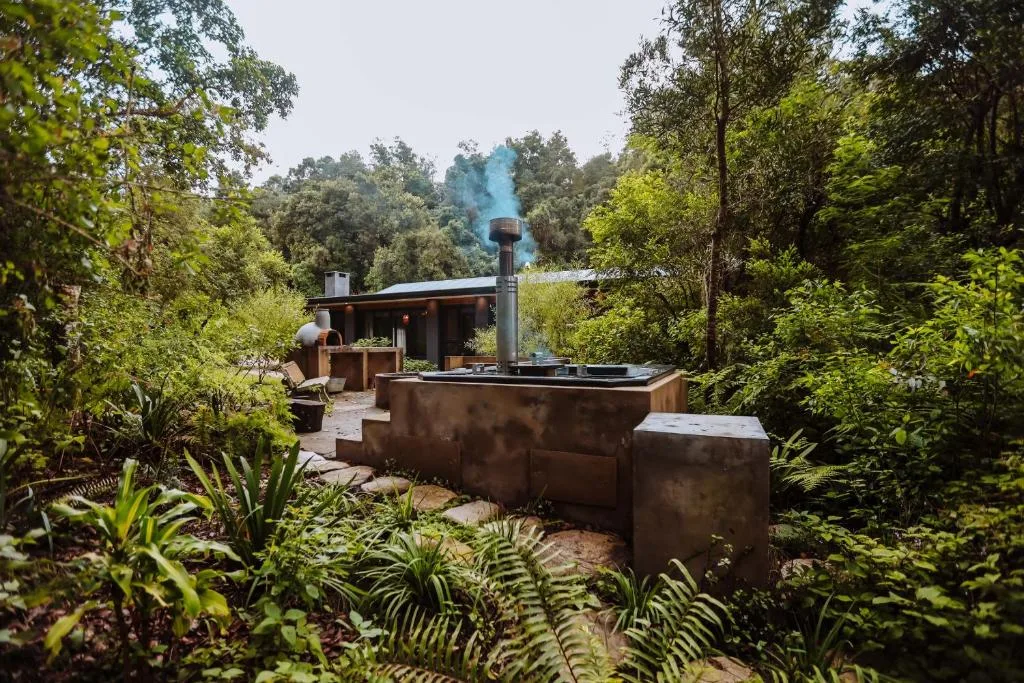 Outdoor braai area nestled in lush forest with stone counters and chimney