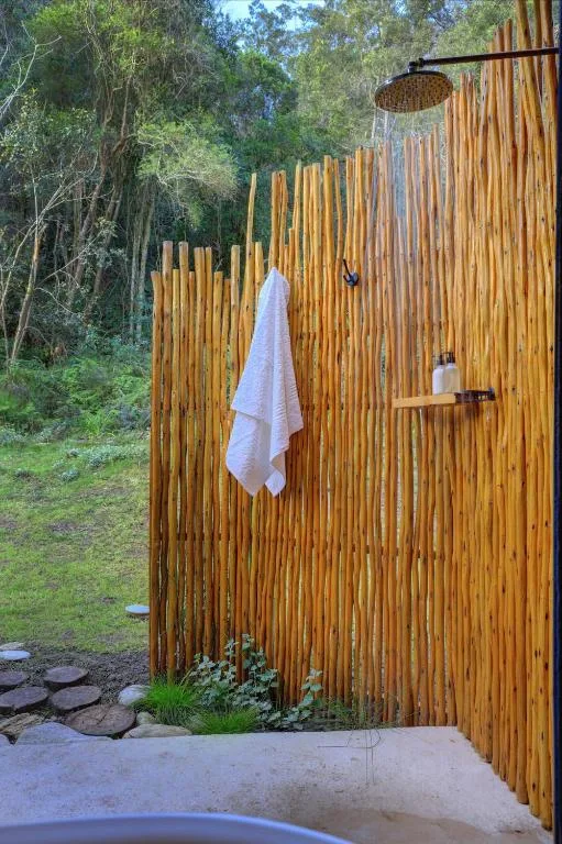 Outdoor shower with wooden enclosure and rainfall showerhead in garden setting