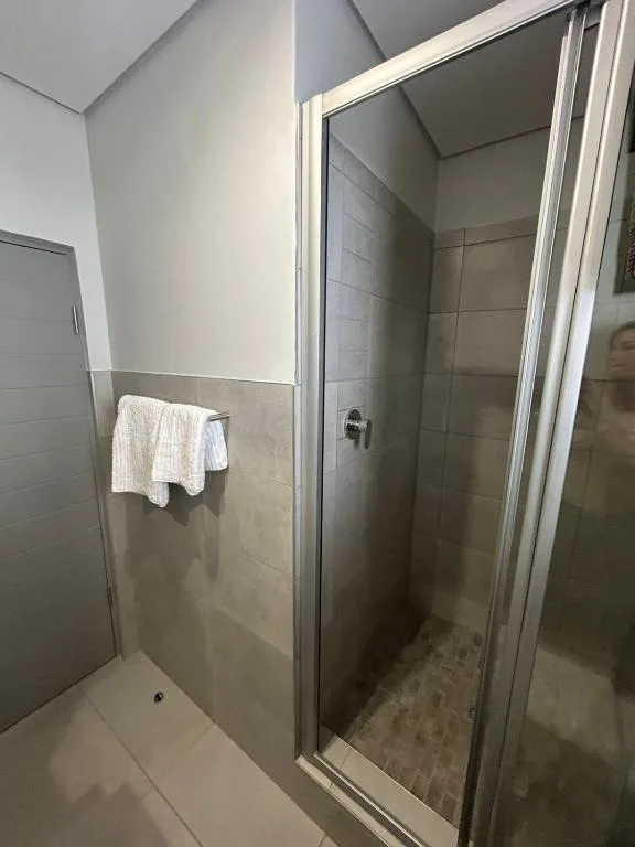 Modern bathroom with walk-in shower, glass doors, and white towel rack