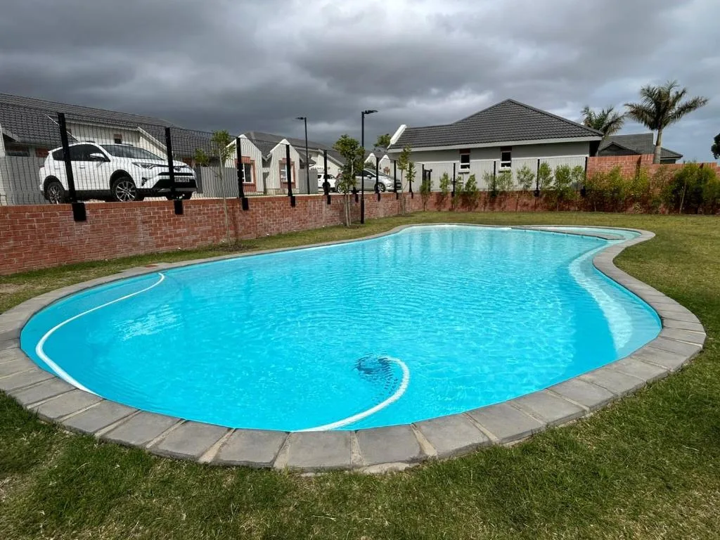 Kidney-shaped swimming pool with clear blue water and concrete surround