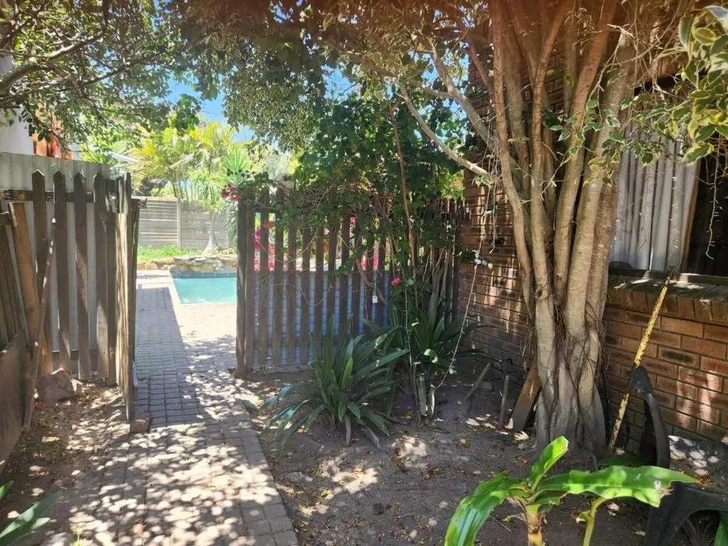 Shaded garden pathway with mature trees leading to pool area