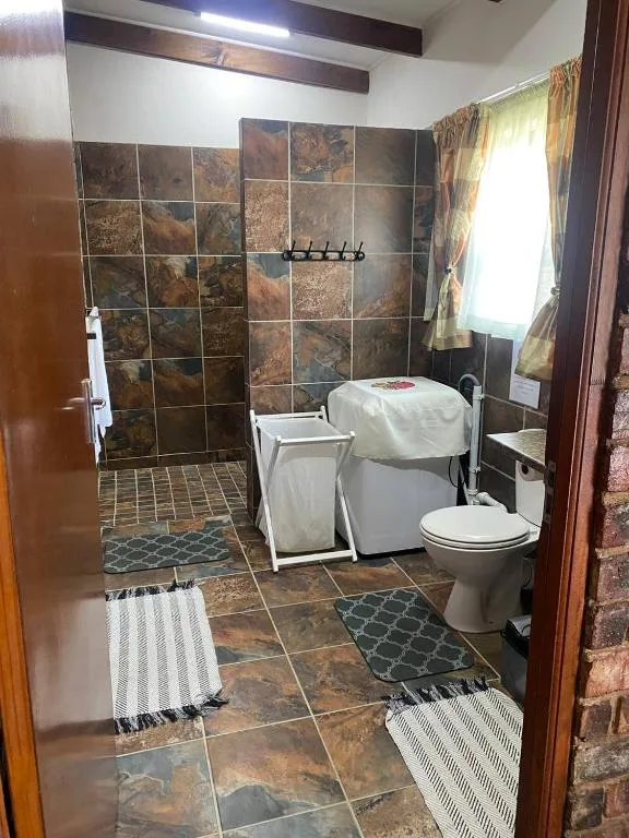 Spacious bathroom with slate tile walls, toilet, and shower enclosure
