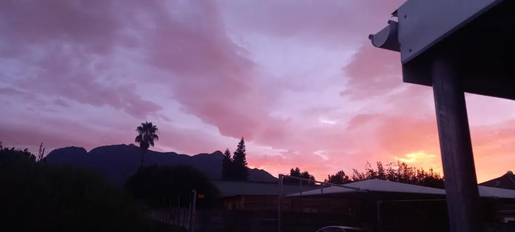 Stunning purple and pink sunset over distant mountains and forest landscape